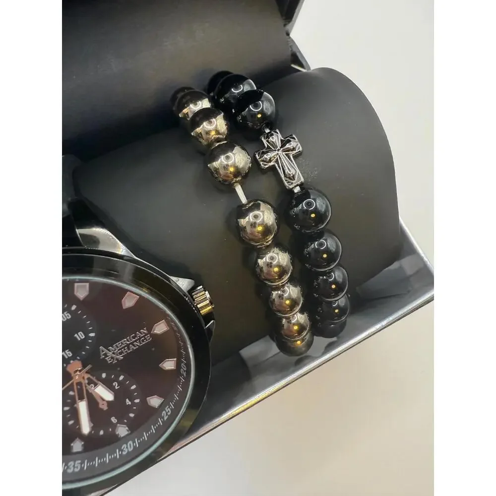 NWT American Exchange Men's Black Watch 47mm Gift Set Cross Bracelet